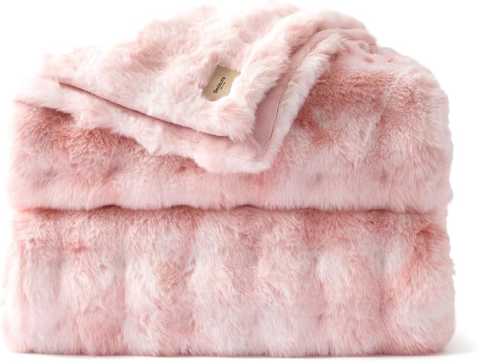 Bedsure GentleSoft Bubble Faux Fur Blankets Queen Size, Fluffy Fuzzy Queen Blanket for Bed, Soft Cozy Faux Fur Bedding for Winter, Thick Warm Plush Bed Cover, Tie-dye Pink, 90x90