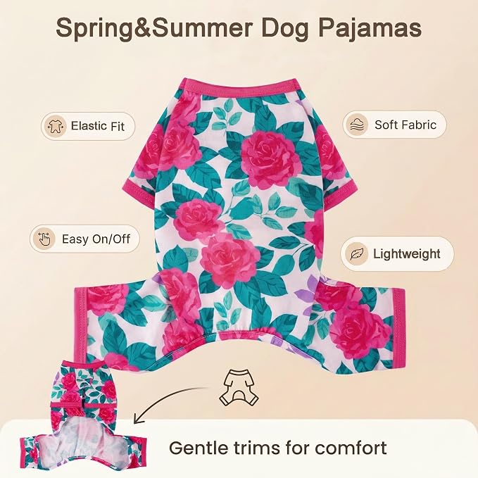 Dog Pajamas Summer Dog Clothes for Small Medium Dogs Girl Dog Pjs Cute Doggie Onesie Breathable Puppy Clothes Soft Stretchy Cat Pet Outfit (Rose Flower, Medium)