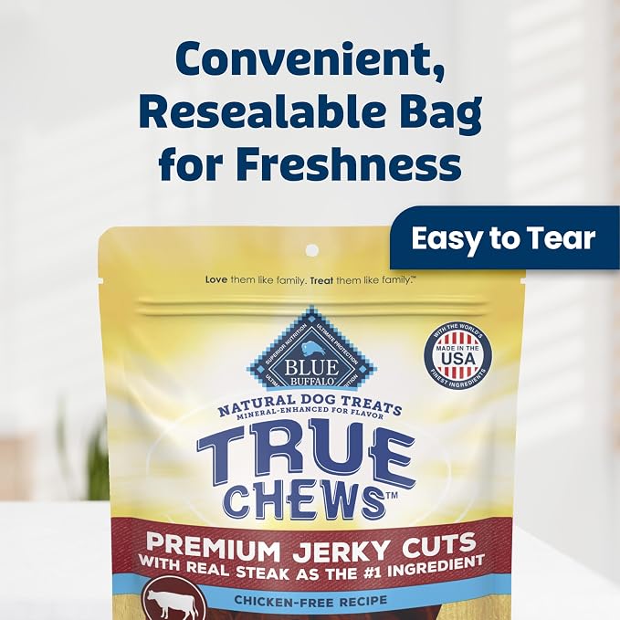 Blue Buffalo True Chews Premium Jerky Cuts Steak Dog Treats, 20 oz | Chicken-Free Recipe, Real Steak First, Made in the USA, No Artificial Preservatives