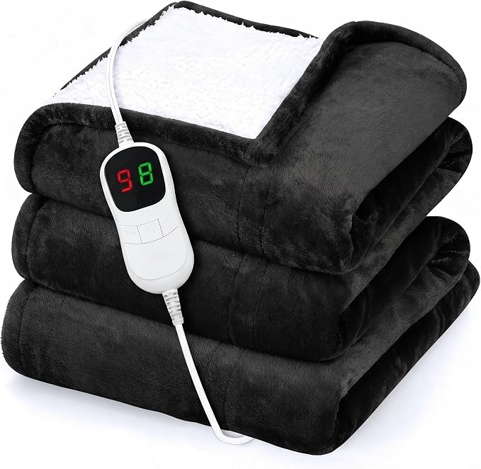 Heated Blanket Electric Throw 50"x60" – Safe Electric Heating Blanket with Auto Shut-Off & Overheat Protection, 10 Heat Settings, Washable Heated Throw for Couch, Bed, Office & Dorm, Charcoal Black