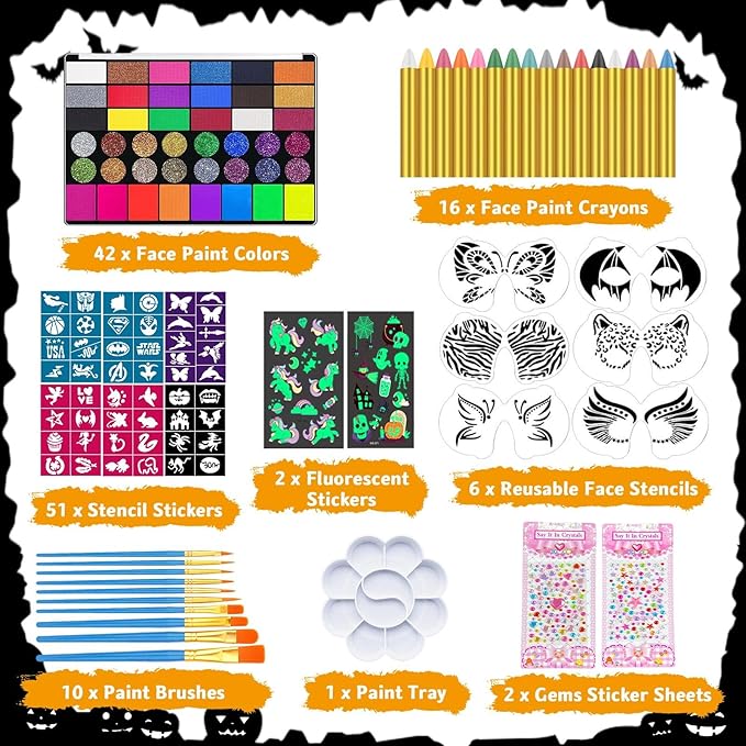 Face Painting kit for Kids Aldult, 42 Colors Non Toxic Face Paint with 16 Face Paint Crayons, 6 Reusable Face Painting Stencils, 60 Sticky Stencils for Kids, 4 Stickers, for Parties, Halloween