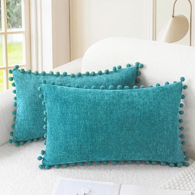 CaliTime Decorative Couch Throw Pillow Covers 20 X 12 Inches Lake Blue | Pack of 2, Cozy Chenille Cushion Cases, with Pom Poms for Sofa Bed Living Room Farmhouse Home