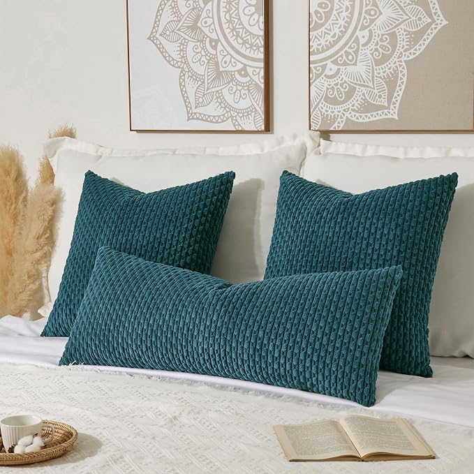 Kevin Textile Soft Corduroy 20"x54" Body Pillow Cover 1 Pack, Teal Blue | Boho Stripe Plush Corduroy Decorative Oblong Cushion Cover Modern Farmhouse Home Decor for Sofa Couch Bed Chair