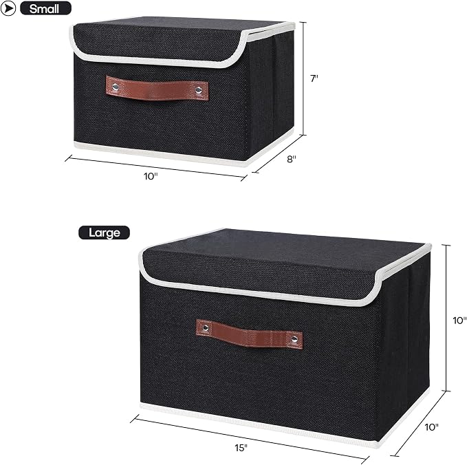 ANMINY Fabric Storage Box Bins with Lids, Black, 10"x8"x7", 2 Pack | Keepsake Memory Storage, Cotton Linen, PP Board Reinforced, Washable, PU Handles, Foldable & Stackable, Decorative, Small