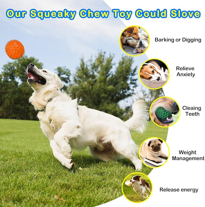 3 Pack Indestructible Squeaky Dog Balls for Aggressive Chewers, Interactive Dog Toys for Teething, Relieving Anxiety. Chew Toy for Large, Medium Breeds, Outdoor Rubber Balls.
