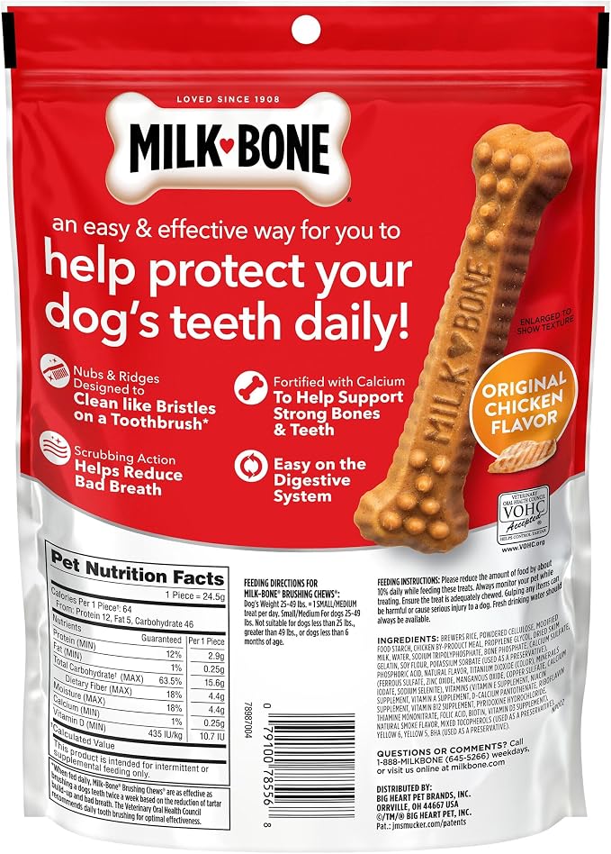 Milk-Bone Brushing Chews, Small/Medium, Original Flavor, 45 Dental Treats | 5 (9-count) bags, Daily dental dog treats, For dogs 25-49 lbs., Original chicken flavor