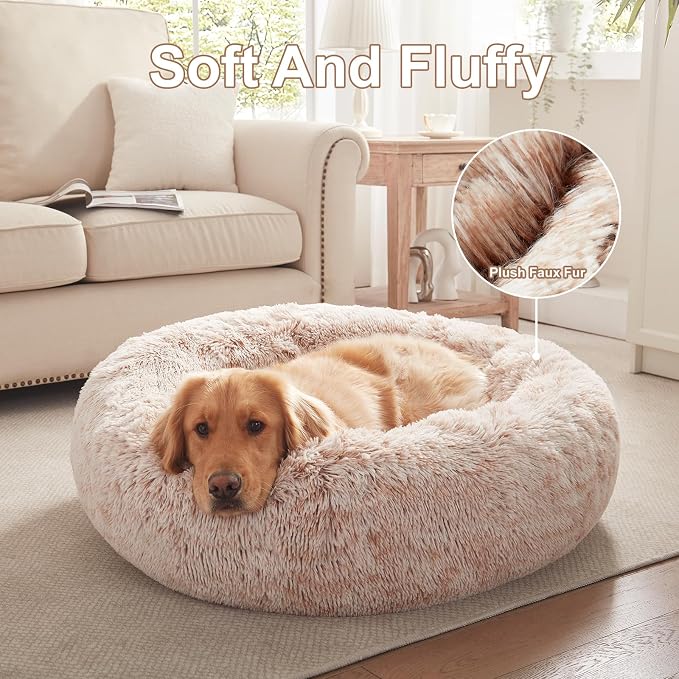 36 inches Faux Fur Fluffy Donut Dog Bed for Large Dogs,Brown | Calming Plush Round Pet Bed with Removable & Washable Cover,Fits up to 80 lbs Pets