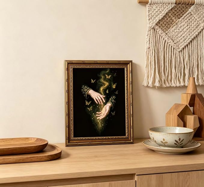 Vintage Gold Framed Canvas Wall Art Gothic Dark Academia Painting Picture Wall Decor Magic Hands Butterfly Poster Print Artwork for Living Room Bedroom Bathroom Office Home Decoration