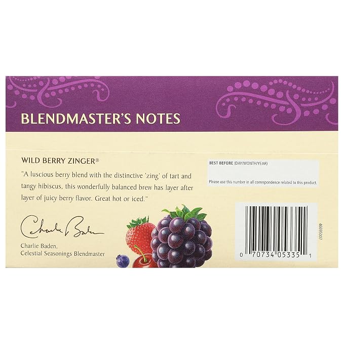 Celestial Seasonings Wild Berry Zinger Herbal Tea, Caffeine Free, 20 Tea Bags Box (Pack of 3)