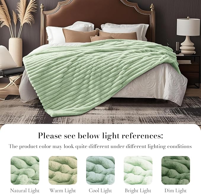 Faux Fur Throw Blanket for Couch, Cozy Fuzzy Fluffy Fur Luxurious Soft Striped Plush Gift Blankets for Family Sofa Chair Bedroom, 55"x70", Sage Green