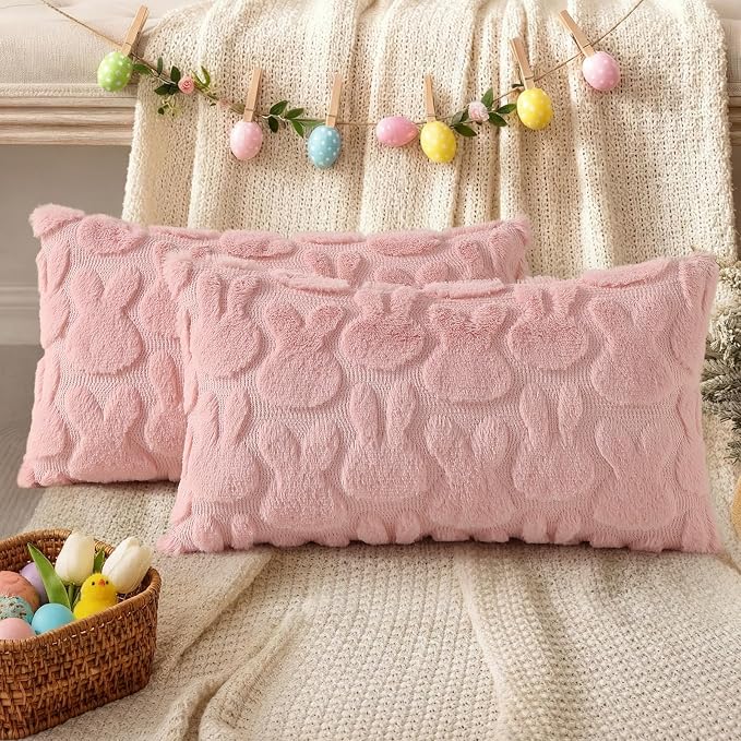 decorUhome Pink Faux Fur Bunny Throw Pillow Covers 12x20 Set of 2 | Plush Soft Wool Jacquard Pink Rabbit Cushion Covers, Modern Farmhouse Easter Holiday Decor PillowCases for Sofa Bed