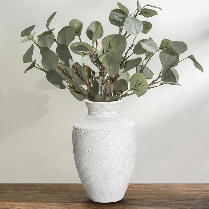 White Ceramic Flower Vase Home Decor 10 Inch Rustic Farmhouse Vase Decorative Pottery Terracotta Vases for Pampas Grass Dining Table Living Room Shelf Kitchen Bedroom Decor