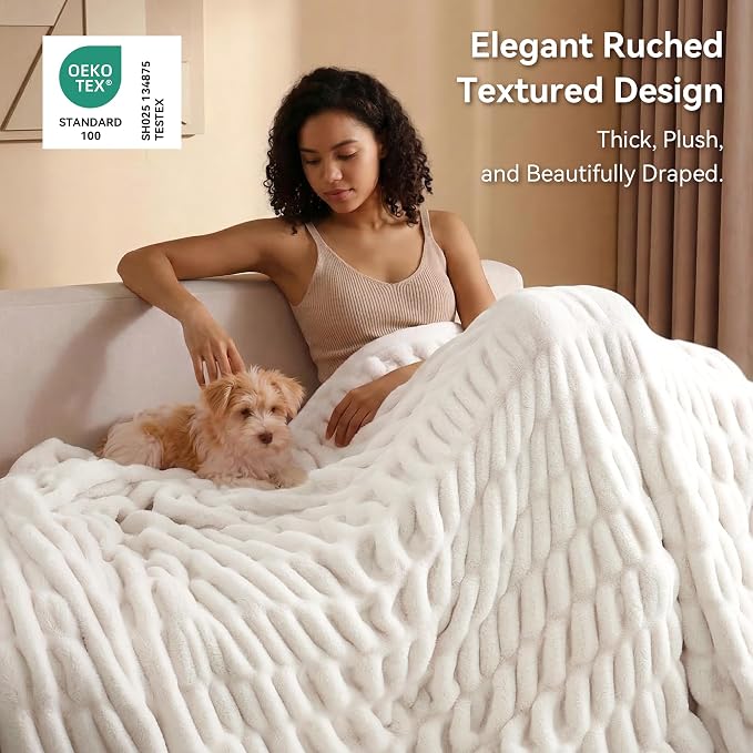 Cream White Fluffy Blanket for Couch -Luxury Faux Rabbit Fur 60"x80" | Ultra Soft & Plush Comfort Ruched Blanket, Cozy Fuzzy Fleece Throw for Sofa, Bed & Office, Gift for Women, White Room Decor