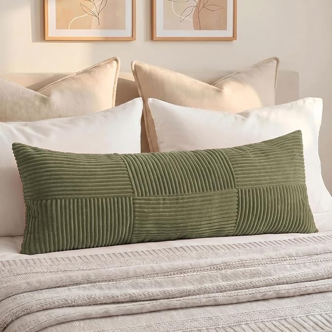 Fancy Homi Set of 1 Olive Green Boho Long Lumbar Body Decorative Throw Pillow Cover 21x54 Inch for Bed Couch Bedroom Bench, Soft Patchwork Corduroy Textured Pillow Case, Rustic Farmhouse Room Decor