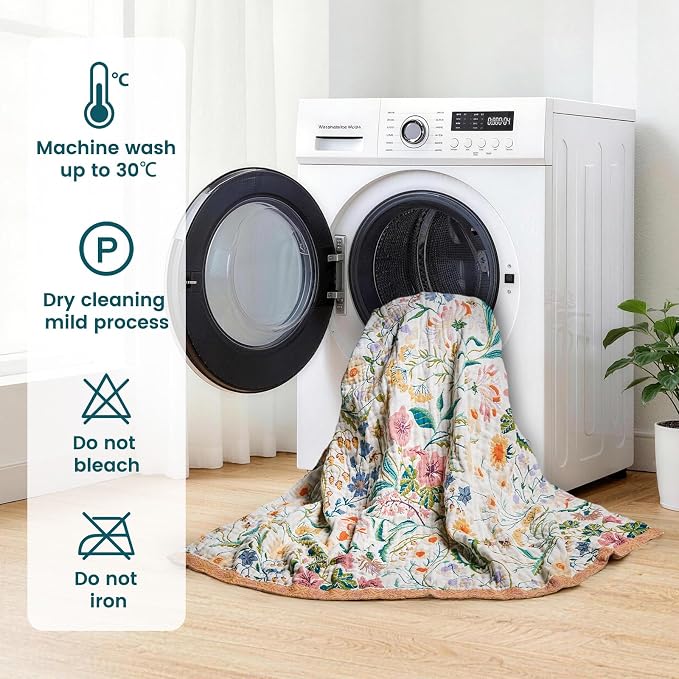 MSGKV Boho Throw Blanket 50"x60" Cotton Floral Blanket for Couch Bed Decor | 100% Cotton Throw, Colorful Floral, Reversible Blanket, Couch Bed Decor, Road Trip Blanket, Farmhouse Decor, Machine Washable