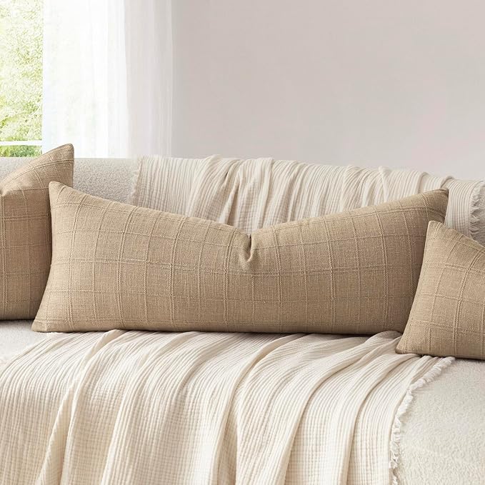 Foindtower Set of 2 Decorative Linen Check Throw Pillow Covers Neutral Farmhouse Vintage Cushion Covers Cozy Modern Coastal Boho Home Decor for Sofa Chair Couch Bedroom Living Room,14×36 Inch,Camel