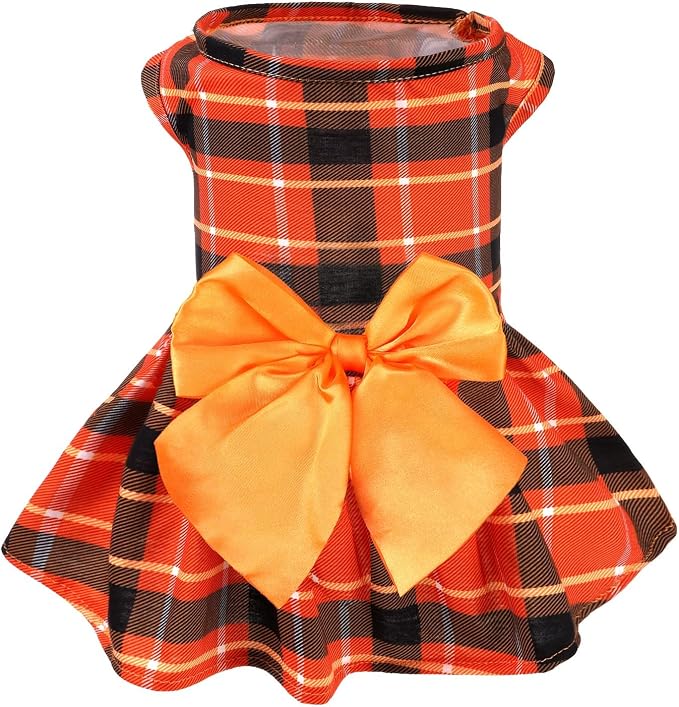 PUPTECK Plaid Dog Dress with Bow Puppy Clothes for Autumn, Orange Plaid L | Puppy Doggie Pet Clothes Outfits Apparel Costume for Wedding Anniversary Birthday Photoshoot for Small Medium Large Dogs Girl