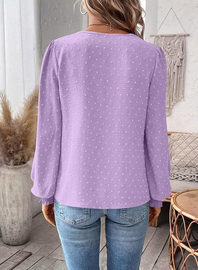 Womens Tops Swiss Dot Boho Long Sleeve Shirts V Neck Casual Chiffon Blouses Flowy Lace Hem Cute Clothing Trendy 2026