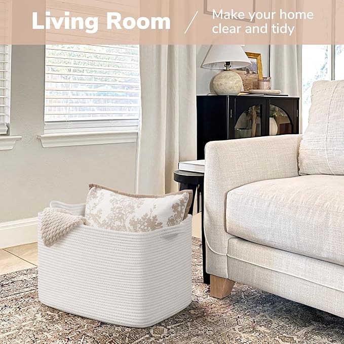 Goodpick 50L Large Woven Storage Basket, 18" x 14" x 12", White | Stylish Gift Basket for Home Decor, Cotton Rope Baskets for Blankets & Toys Storage, Living Room & Bedroom Organization