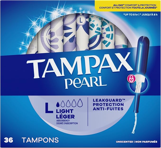 Tampax Pearl Tampons for Women, with LeakGuard Braid, Light Absorbency, Unscented, 36 Count