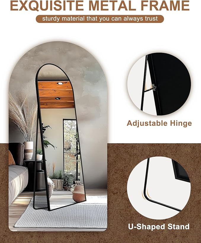 Arched Full Length Mirror with Stand, 69x24 Black Floor Mirror | Aluminium alloy frame with HD float glass for distortion-free reflection. Free standing or wall mounted.