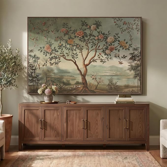Extra Large Framed Vintage Landscape Wall Art for Living Room, Oversized Chinoiserie Tree Floral Canvas Horizontal Artwork for Walls, Retro Painting Prints Dining Room Hallway Wall Decor, 72x48 Inch