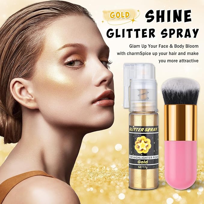 AWCCXMYM Body Glitter Spray Sparkle Hairspray Highlighter Glitter Shiny Spraay for Hair and Body,Face Glitter Powder for Halloween,Christmas,Concert Accessories Party Body Makeup(Gold)