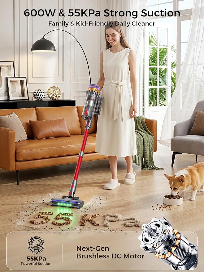Cordless Stick Vacuum Cleaner, 600W 55KPA 70Mins for Pet Hair, Carpet, Home