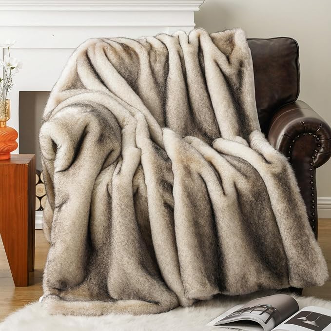BATTILO Luxury Faux Fur Throw Blanket for Couch, Home Decor, 50"x60", Thick | Soft Cozy Plush Warm Elegant Furry Fluffy Faux Fur Blanket for Bed, Sofa, Living Room, Long Pile with Black Tips