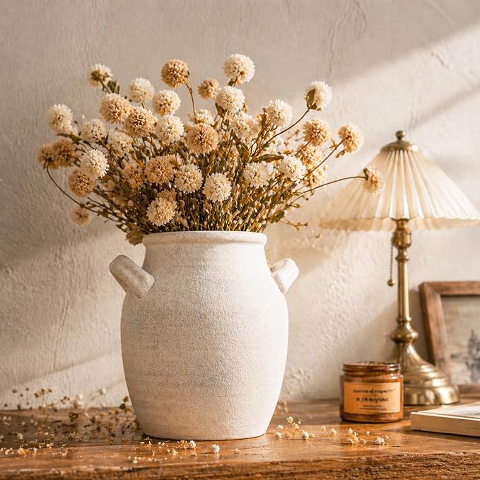 DREAMLOOM 7.2 Inch Ceramic Flower Vase, White | Double Handles, Farmhouse Vintage, Pottery Terracotta, Home Decor, Living Room Dining Table Wedding Centerpieces