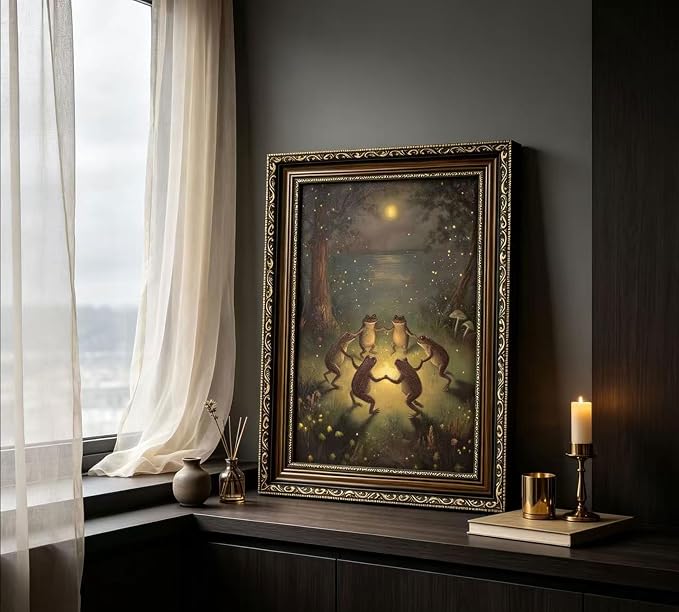 Vintage Gold Framed Celestial Wall Art, Moody Moon and Stars Gothic Painting Canvas Print, Dark Academia Wall Decor,Mystical Celestial Poster Artwork, for Living Room Bedroom Bathroom
