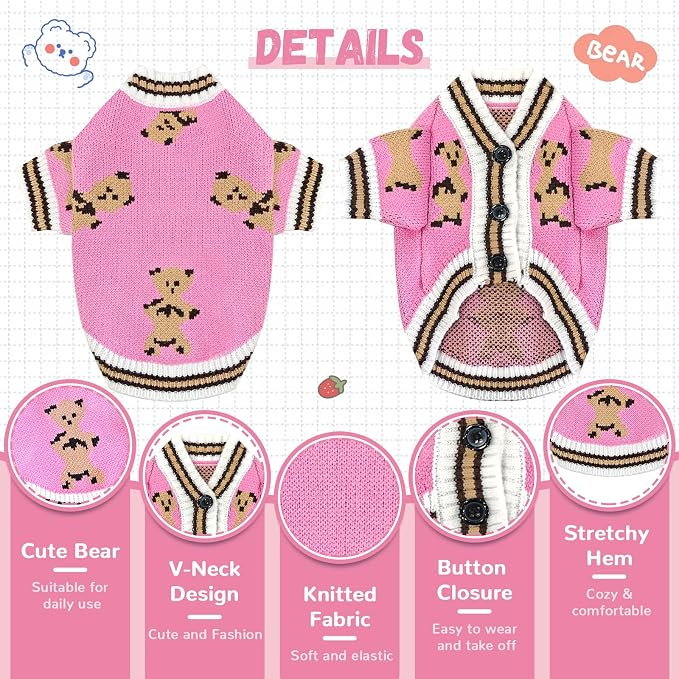 ABRRLO Small Dog Sweaters Cute Bear Dog Cardigans Clothes for Small Medium Dogs Boy Girl Puppy Cat Knitting Cardigan Outfits Dogs Winter Coats Warm Pet Doggy Clothes Soft Knitwear (Pink, Medium)