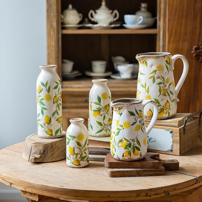 Vintage Lemon Ceramic Vase with Handle, Retro Ice Glazed Crack Farmhouse Pitcher Vase for Home Decor, Living Room, Shelf, Office, Rustic Table Centerpiece 9 Inch