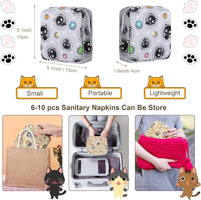 Likesing Period Bag Pouch, Canvas Sanitary Napkin Storage Bag for Girls Womens, Portable Sanitary Napkin Period Pad Pouch for Purse, Small Make Up Bags(Gray Cat)