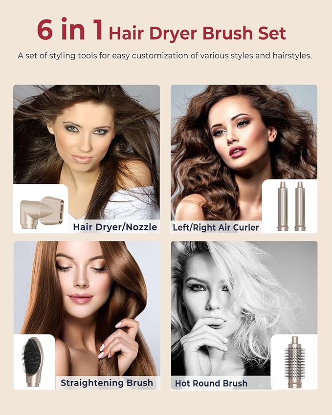 UKLISS Hair Dryer Brush 6 in 1,110000 RPM Hair Dryer with Portable Storage Bag, Fast Drying & Auto Curling Air Wrap,Create Waves & Straight Styles,Blow Dryer Brush for Salon-Quality Styling