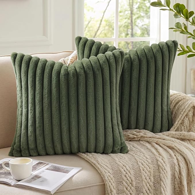 Pallene Faux Fur Decorative Throw Pillow Covers 26x26 Set of 2, Olive Green | Luxury Plush Texture, Striped Design, Cozy Soft Touch, Modern Home Accent Decor for Couch, Sofa, Bed, Living Room