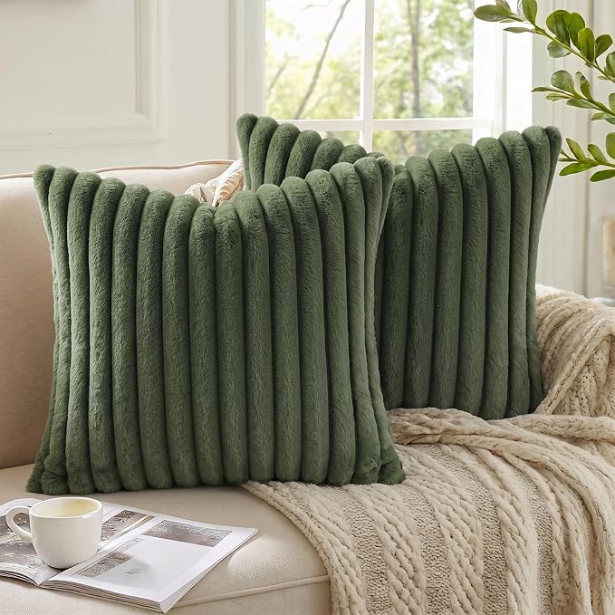 Pallene Faux Fur Decorative Throw Pillow Covers 22x22 Set of 2, Olive Green | Luxury Plush Texture, Striped Design, Cozy Soft Touch, Modern Home Accent Decor for Couch, Sofa, Bed, Living Room