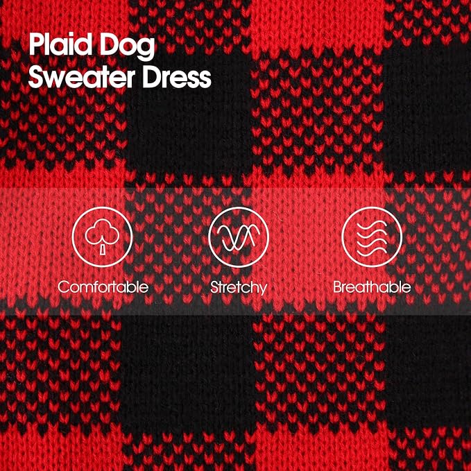 Dog Sweater Dress Plaid Knitwear for Small Medium Dogs Warm Puppy Pet Turtleneck Stretch Pullover Cute Fall Winter Vest Clothes with Leash Hole for Christmas (Red, XS)