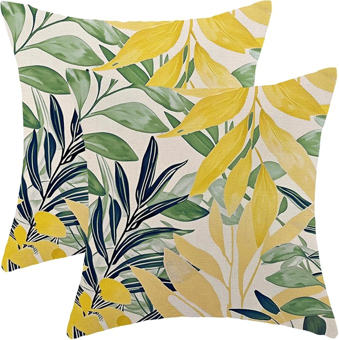 Summer Pillow Covers 18x18 Inches Set of 2 Sage Green Yellow Leaves Throw Pillow Covers Outdoor Modern Spring Summer Leaf Decoration Pillowcase Farmhouse Decorative Cushion Cover For Couch Sofa