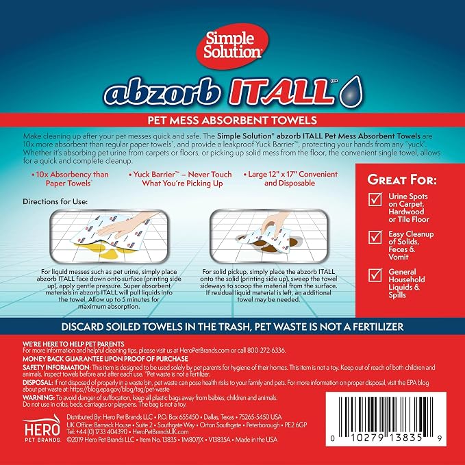 Simple Solution Abzorbitall Absorbent Towels, Pet Accident Cleaner, 30 Ct | Dog Urine Cleanup, Pet Waste Cleanup, Multi Surface Cleaning, Absorbent Towels, Puppy Supplies, Quick Absorption, 12x17"