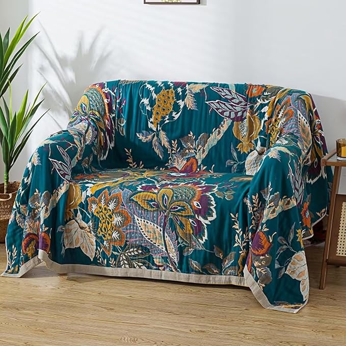 Boho Throw Blanket for Bed 100% Cotton Bohemian Blankets Ultra Soft Woven Muslin Decorative Blankets All Seasons Vintage Quilt Knitted Blanket for Sofa Chair(Beige, 90"x98")