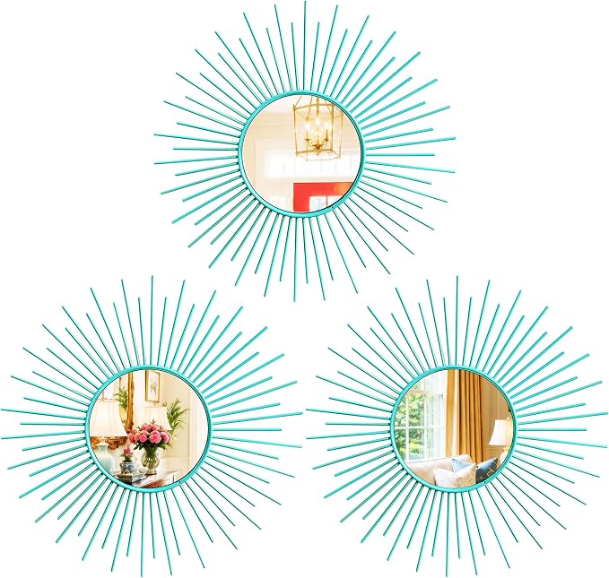 3 Pack Metal Mirrors for Wall Sunburst Wall Mirrors Home Décor Decorative Hanging Wall Art for Living Room Bedroom Entryway (Greenish Blue, Sunburst)