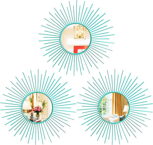 3 Pack Metal Mirrors for Wall Sunburst Wall Mirrors Home Décor Decorative Hanging Wall Art for Living Room Bedroom Entryway (Greenish Blue, Sunburst)