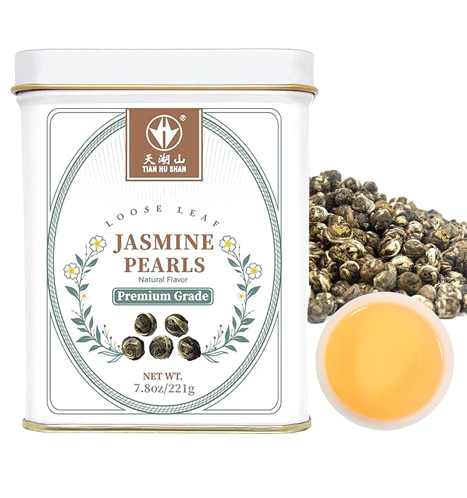 TIAN HU SHAN Jasmine Tea Jasmine Dragon Pearls Green Tea Loose Leaf 7.8oz (221g) Tin