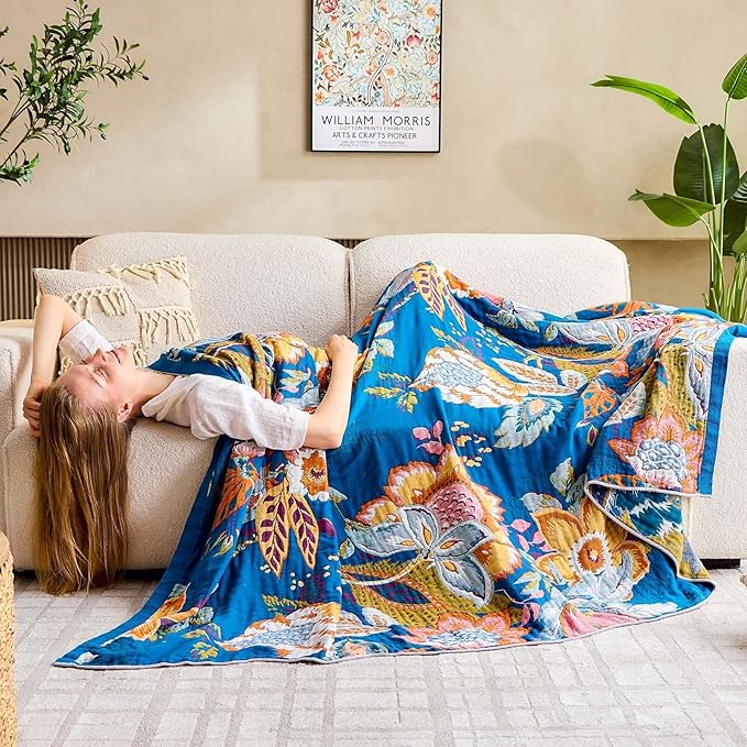 XIBLC Boho Throw Blanket, Blue Lightweight Blankets for Summer, 100% Cotton Bohemian Decorative Throw Blanket, 80"x90" Reversible Muslin Breathable Woven Farmhouse Blankets Quilt,