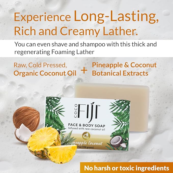 "Coco Fiji Soap Bar for Face and Body Infused With Organic Coconut Oil, Pineapple Coconut Essential Oil, Natural Soap for Moisturizing & Pore Purifying Skin, 7 oz, Pack Of 3 "