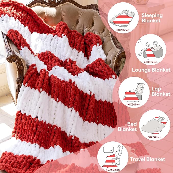 Chunky Knit Blanket - Luxury Soft Cozy 50 * 60 Throw Blanket,100% Woven Blanket Rope Knot Throw Blanket for Couch, Sofa, Home Decor, Gift - Machine Washable (White/Wine red, 50 * 60)