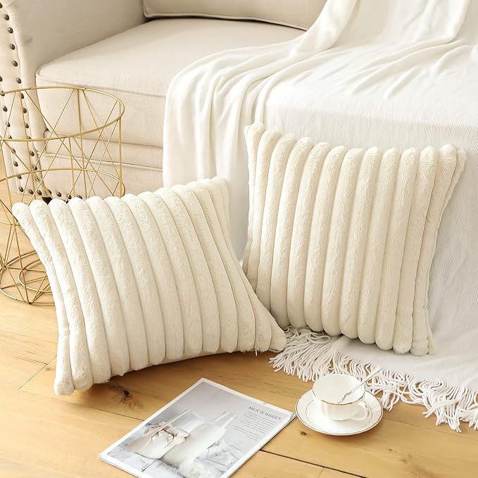 Soleebee Set of 2 Throw Pillow Covers Soft Cozy Velvet Pillowcase Faux Rabbit Fur Cover for Couch Sofa Bed Chair Home Decorative Pillows Cover (16x16 Inch, Ivory White)