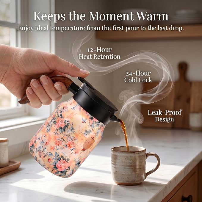 Insulated Stainless Steel Teapot, 35 Oz Vintage Floral Design with Removable Tea Infuser, 12Hr Hot & Cold Retention for Home Kitchen (Vintage Floral Yellow)