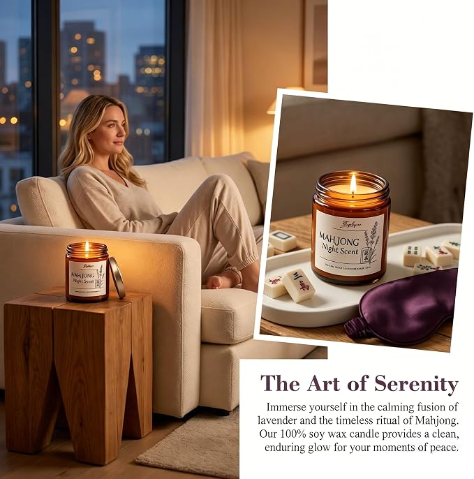Lavender Candle - Soy Wax Stress Relief & Meditation, 45hr Soot-Free Burn Mahjong Night Scent Candle, 9oz